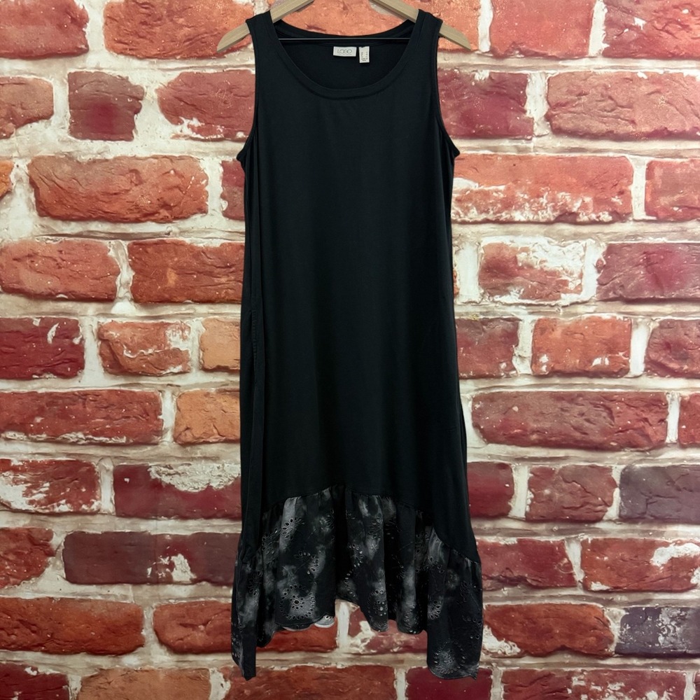 LOGO Lori Goldstein Dress Women's M Black Boho Embroidered Eyelet Hem Sundress